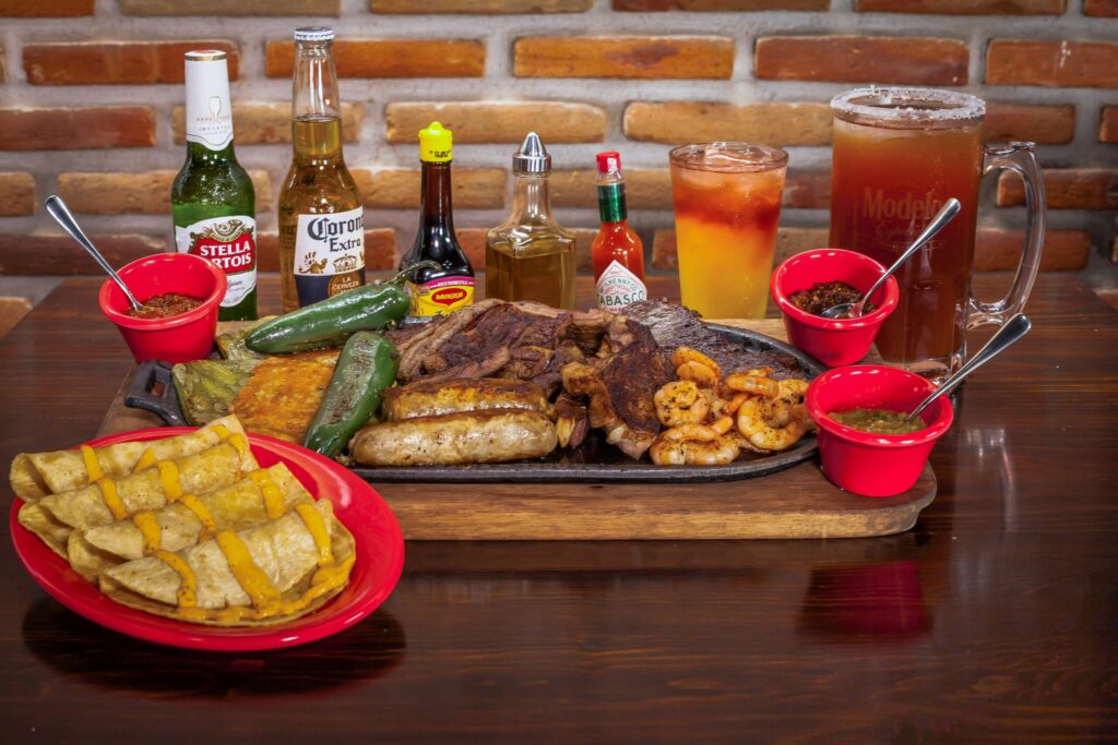 Steak platter with sauces and sides