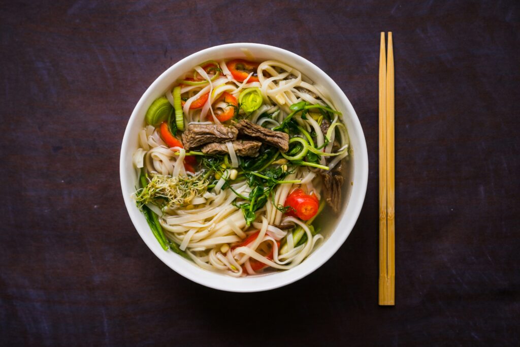 Bowl of noodle soup with vegetables