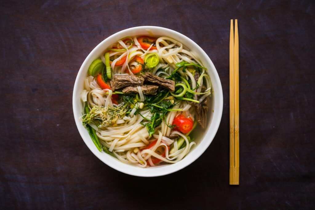 Bowl of noodle soup with vegetables